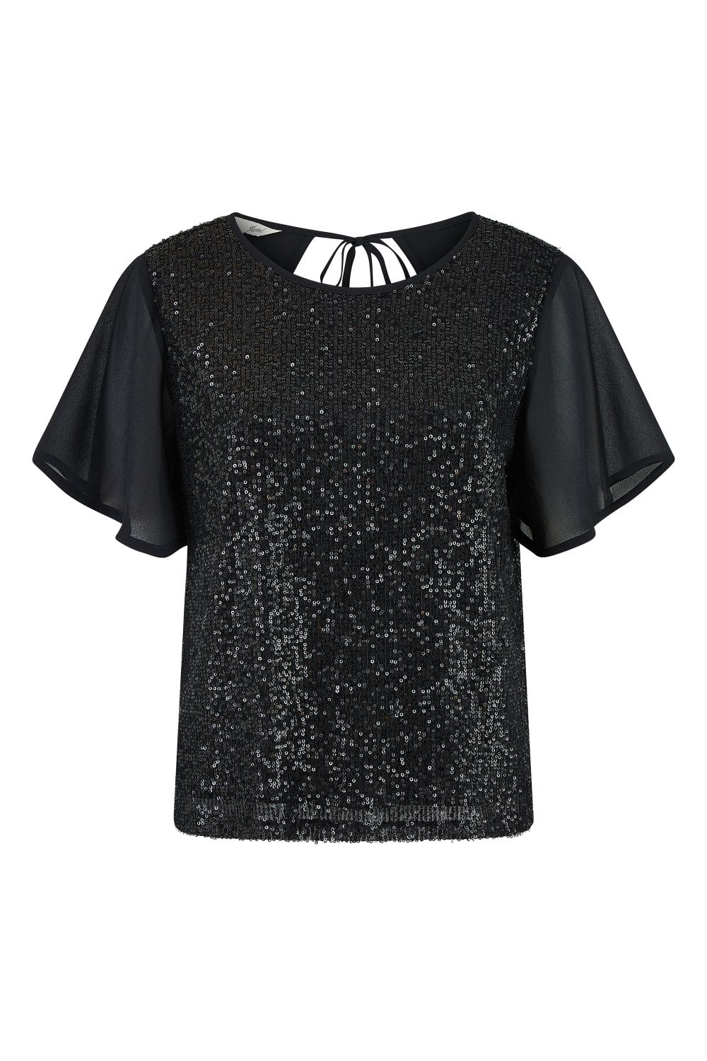 Yumi Black Sequin Top With Sheer Sleeves And Cut Out Back