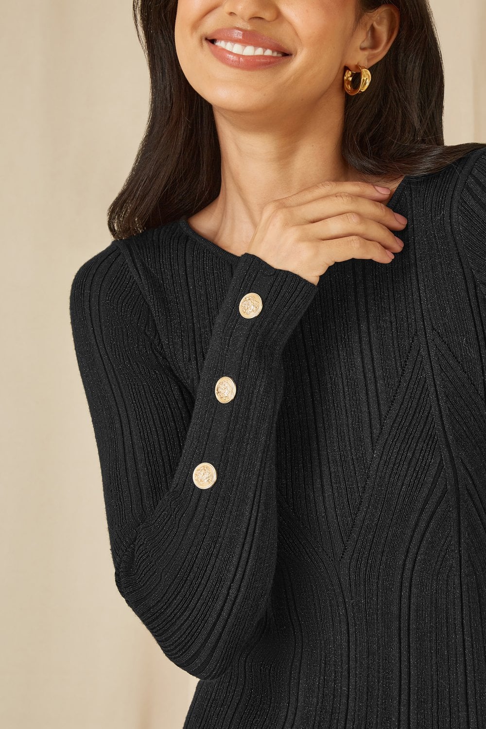 Yumi Black Shimmer Fitted Midi Dress With Button