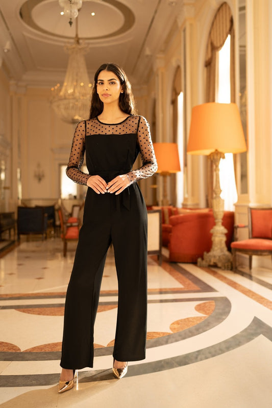 Yumi Black Spot Mesh Stretch Jumpsuit