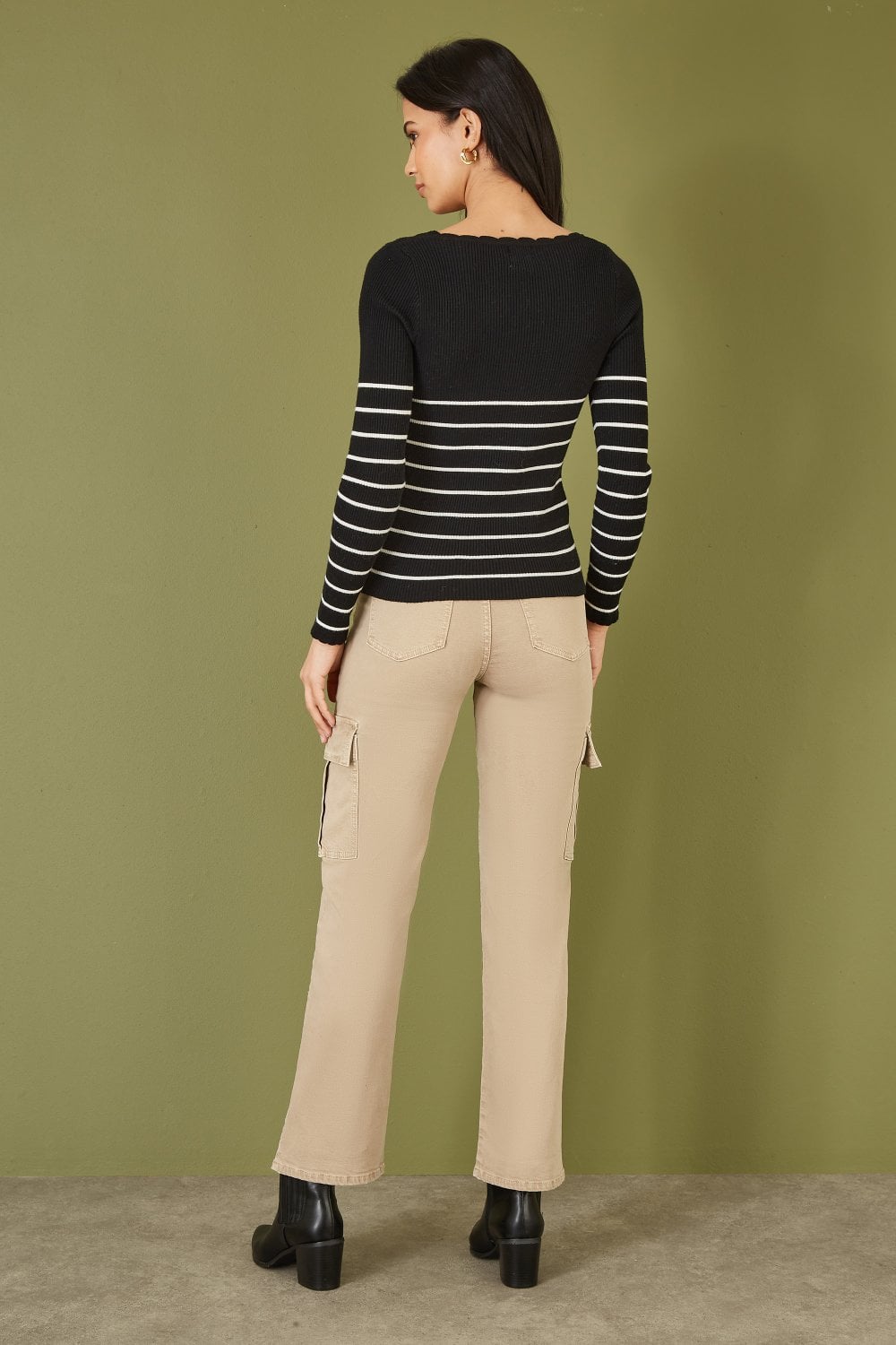 Yumi Black Stripe Rib Knitted Long Sleeve Top With Button Details