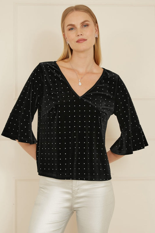 Yumi Black Stud Velvet Relaxed Fit Top With Fluted Sleeves