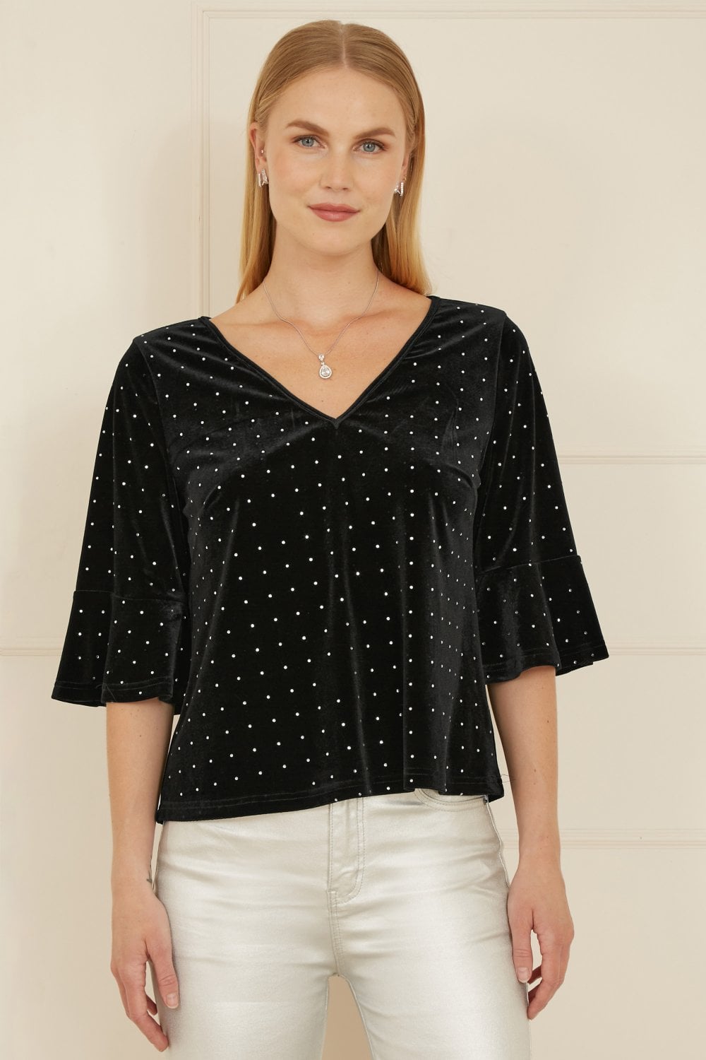Yumi Black Stud Velvet Relaxed Fit Top With Fluted Sleeves