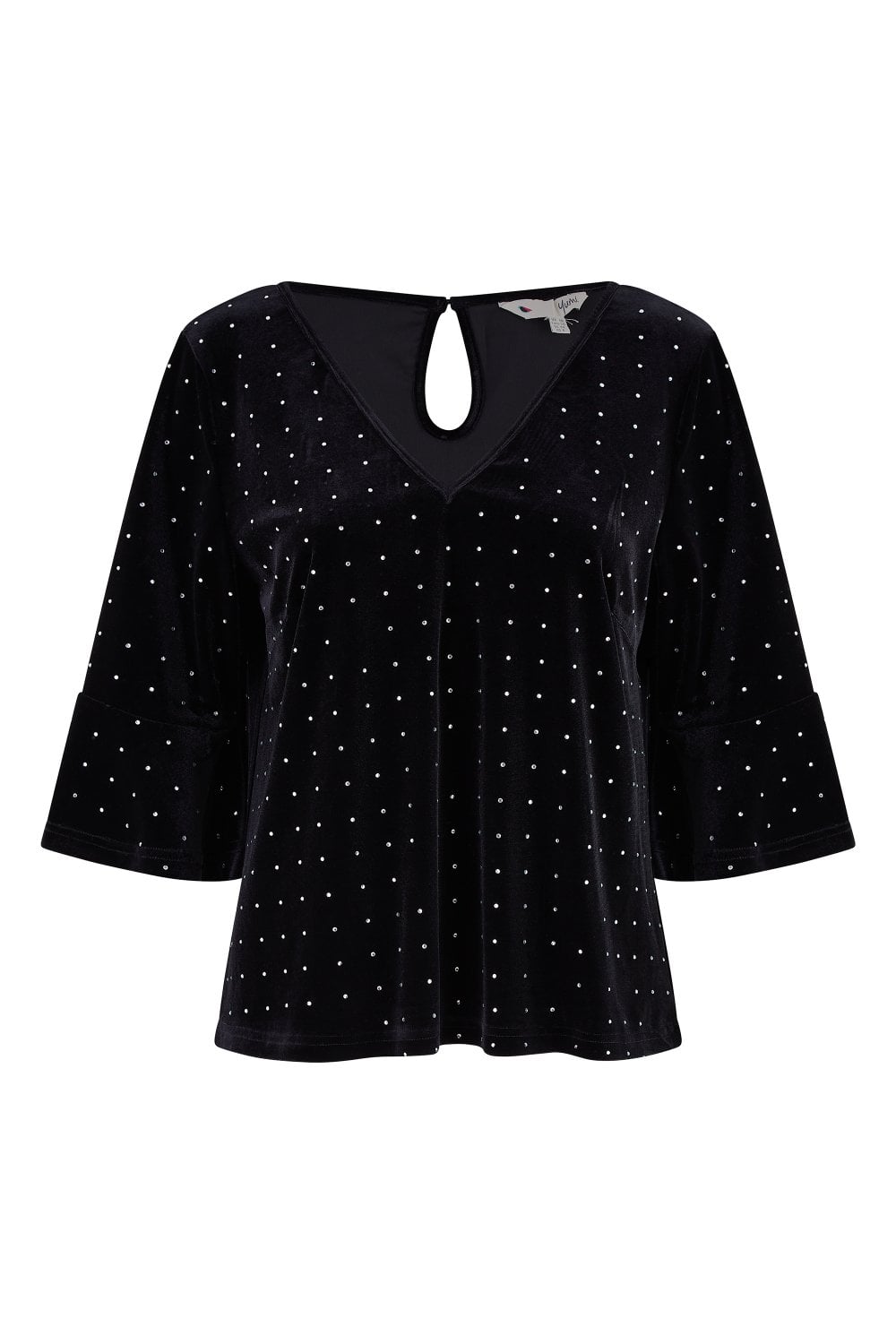 Yumi Black Stud Velvet Relaxed Fit Top With Fluted Sleeves