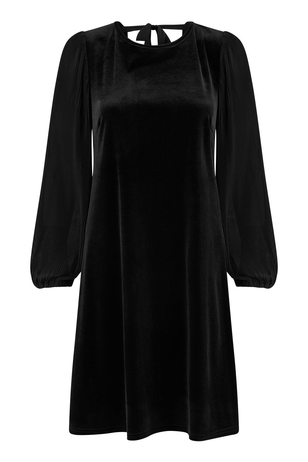 Yumi Black Velvet Tunic Dress with Pleated Balloon Sleeves And Tie Back