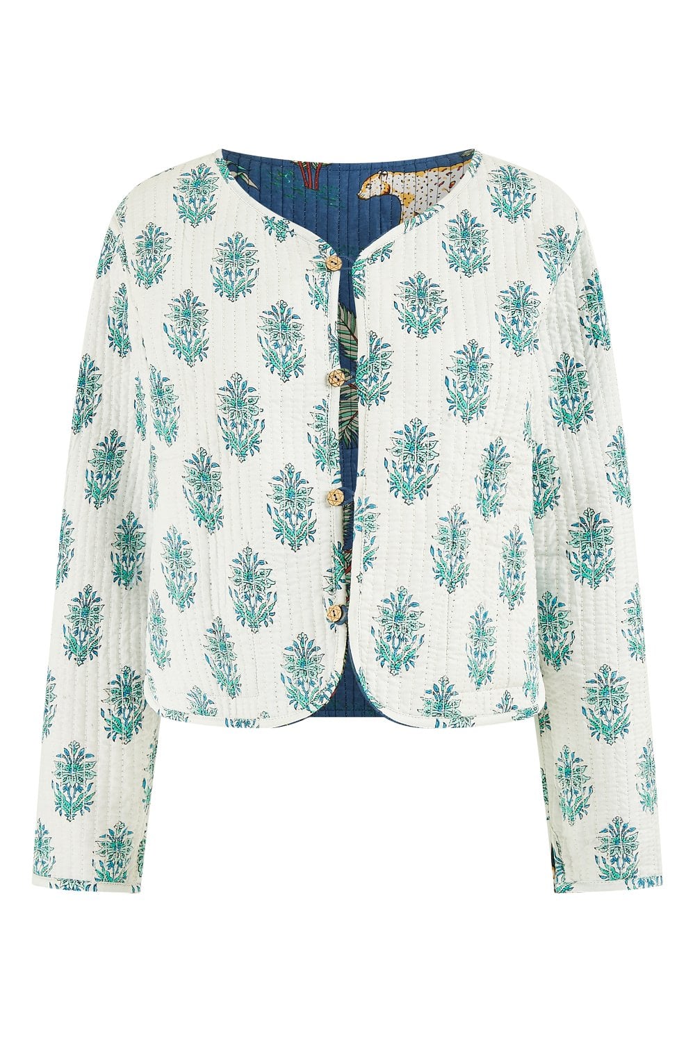 Yumi Blue Animal Print Reversible Cotton Cropped Quilted Jacket