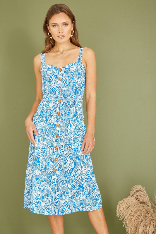 Yumi Blue Paisley leaf Print Midi Sundress
