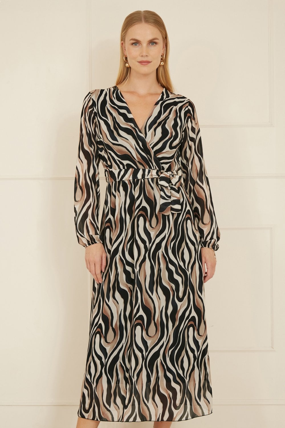 Yumi Brown Animal Swirl Midi Wrap Dress