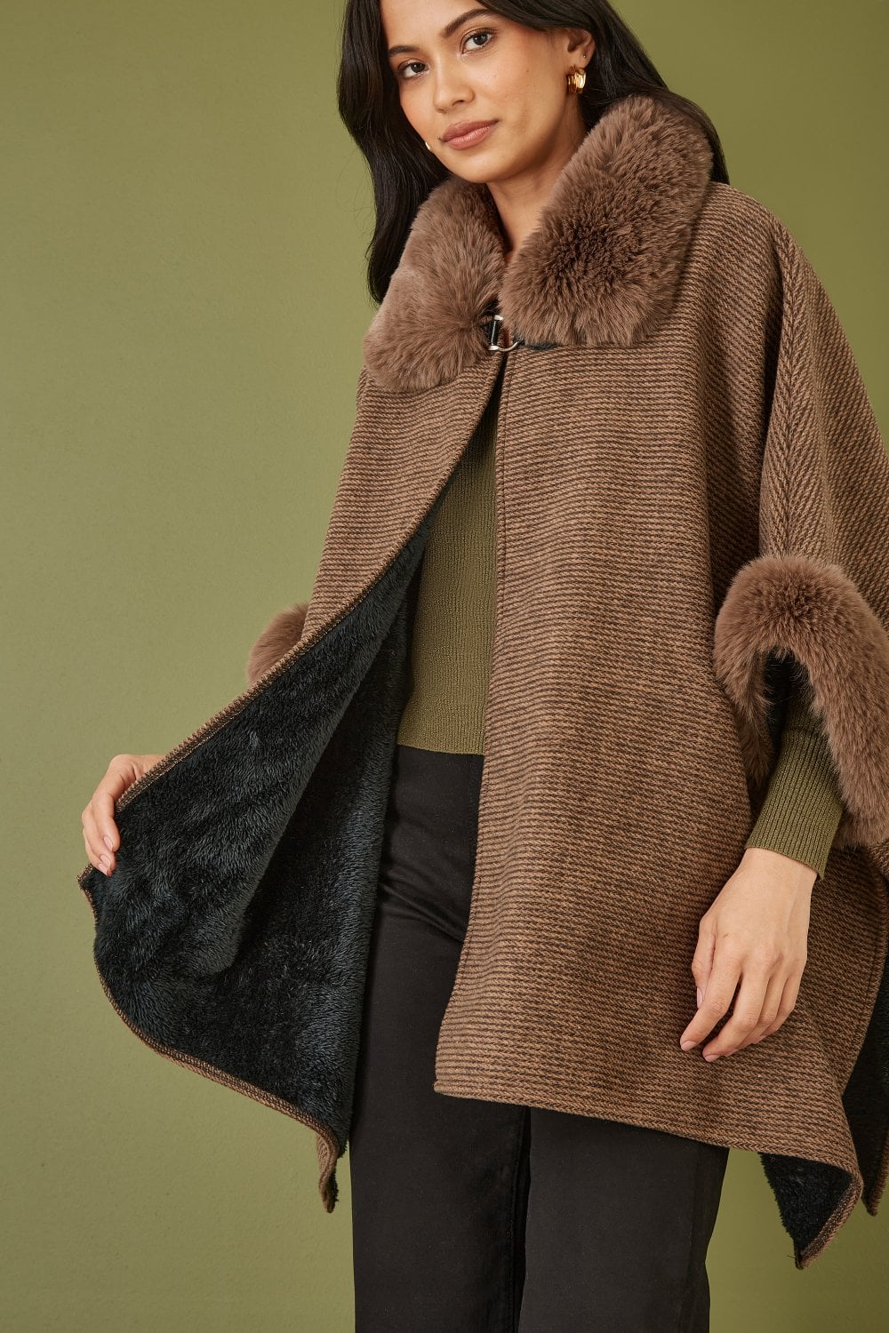 Yumi Brown Cape With Luxe Fur Trim And Lining