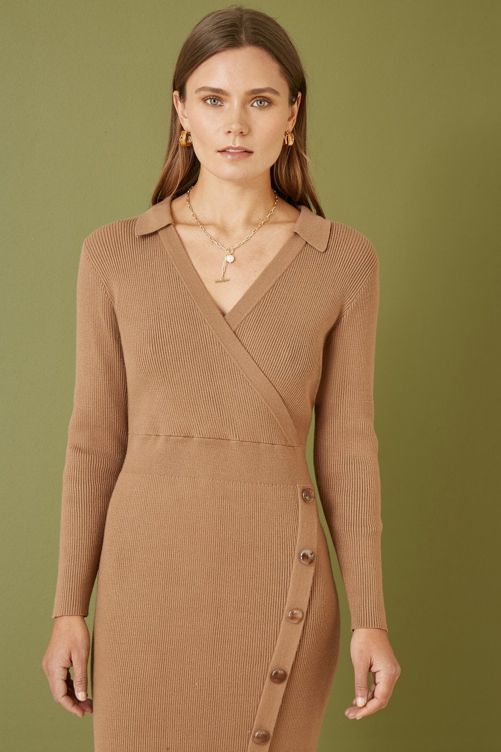 Yumi Brown Knitted Midi Dress With Asymmetric Button Details