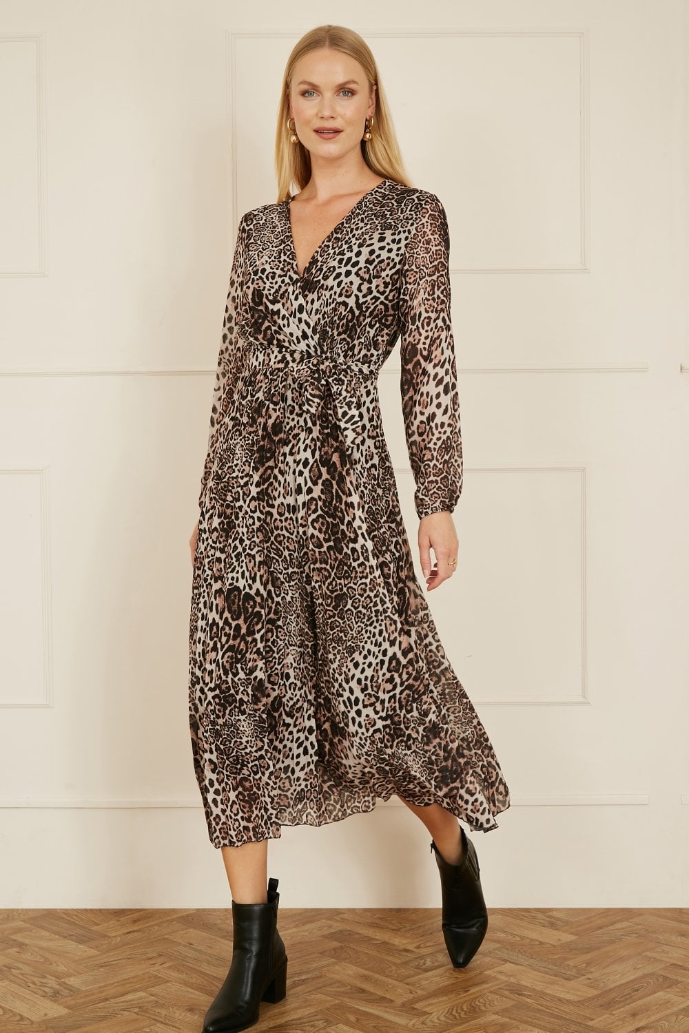 Yumi Brown Leopard Print Pleated Long Sleeve Wrap Midi Dress