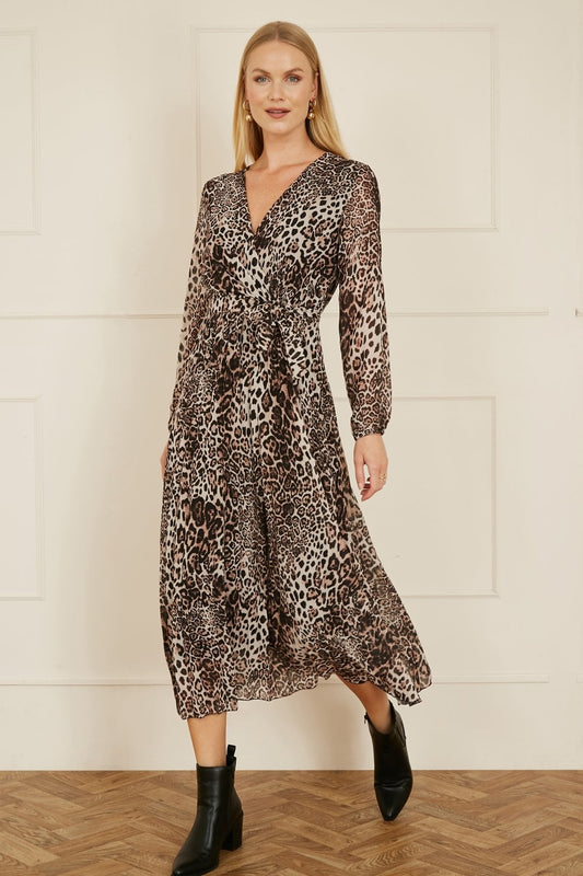 Yumi Brown Leopard Print Pleated Long Sleeve Wrap Midi Dress