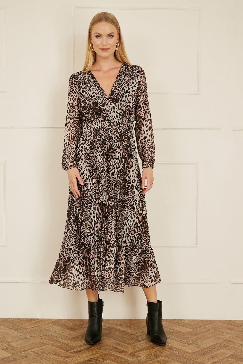 Yumi Brown Leopard Print Pleated Long Sleeve Wrap Midi Dress