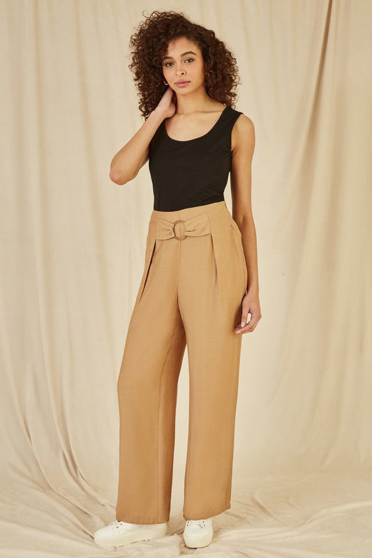 Yumi Brown Wide Leg trousers With Front Buckle Detail