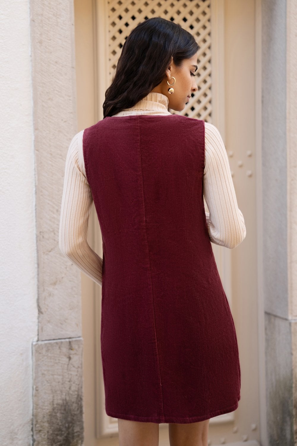 Yumi Burgundy Cord Button Through Pinafore Dress With Pockets