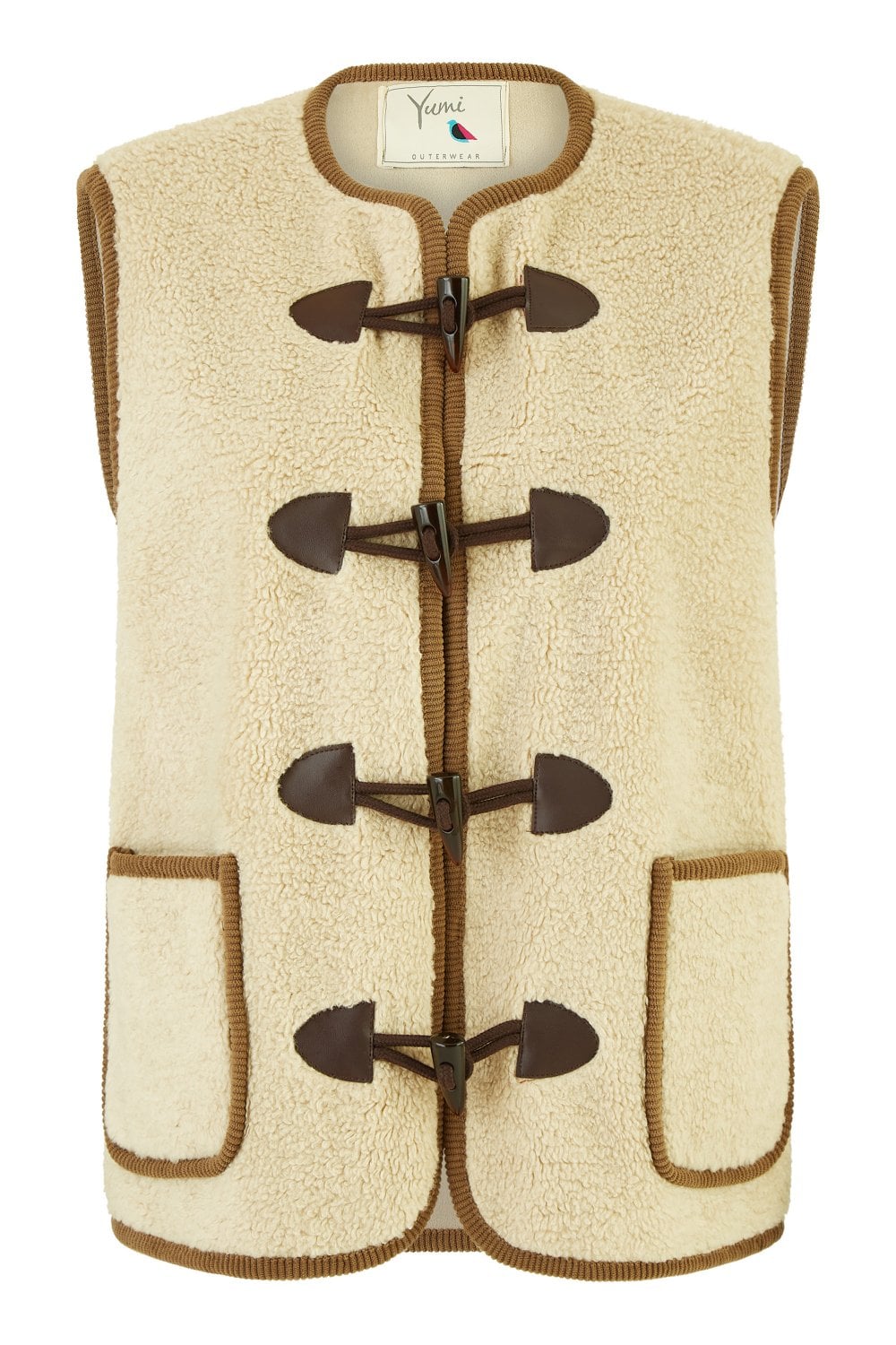 Yumi Cream Borg Gilet With Faux Leather Button Details