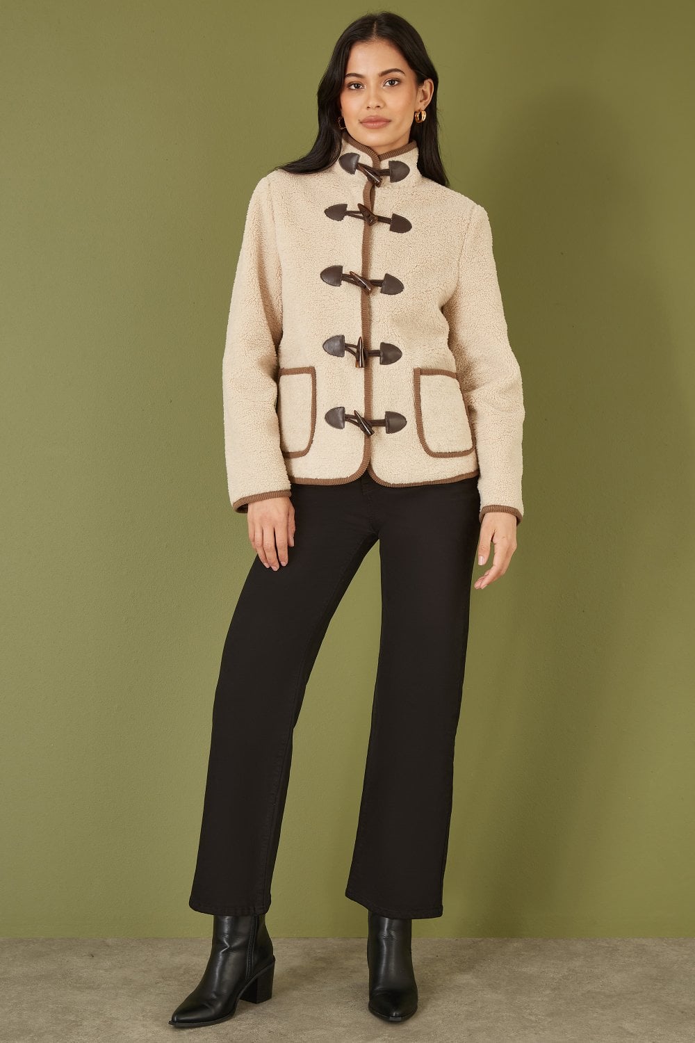 Yumi Cream Borg Jacket With Faux Leather Button Details