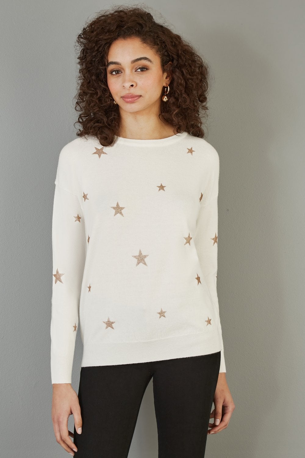 Yumi Cream Gold Foil Star Print Relaxed Fit Jumper