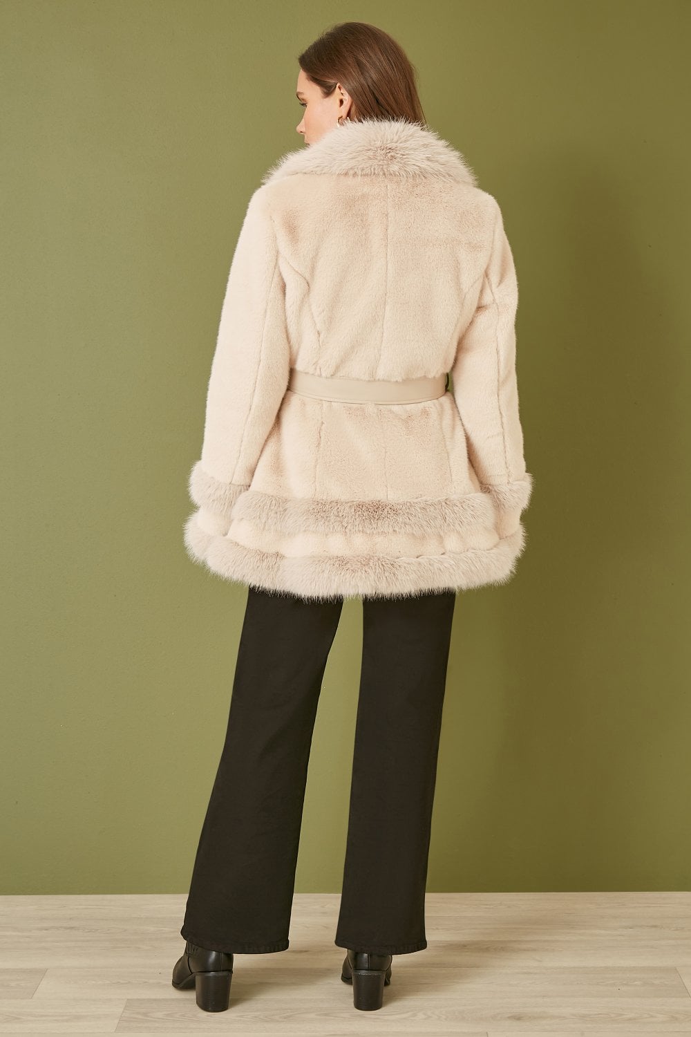 Yumi Cream Luxe Faux Fur Swing Coat With Tie Belt