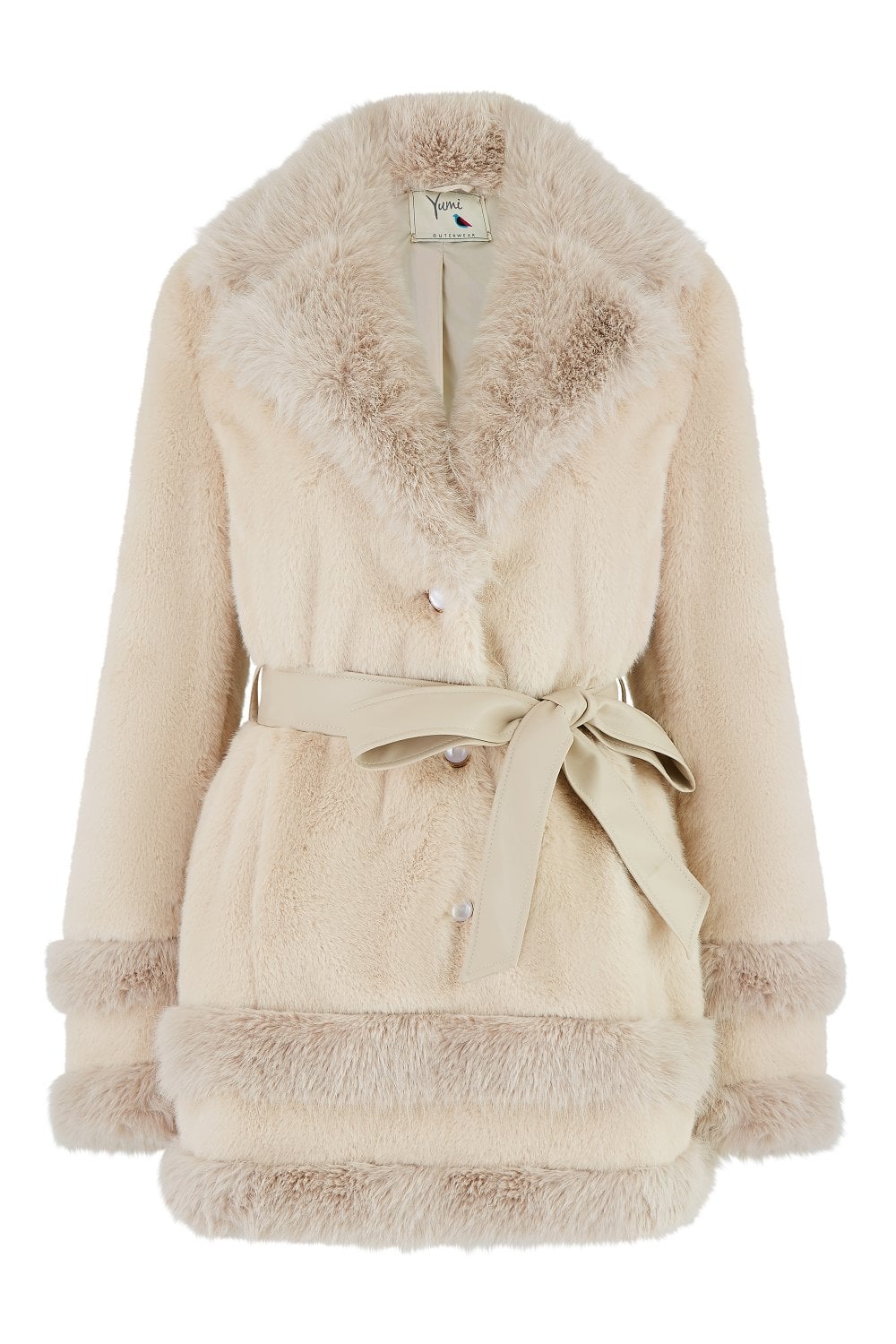 Yumi Cream Luxe Faux Fur Swing Coat With Tie Belt