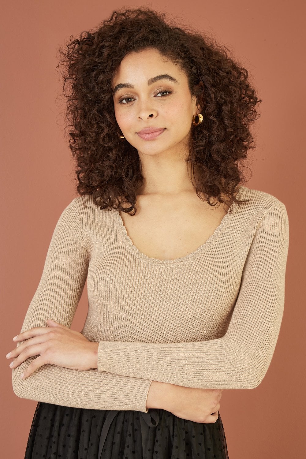 Yumi Gold Metallic Knitted Ribbed Top