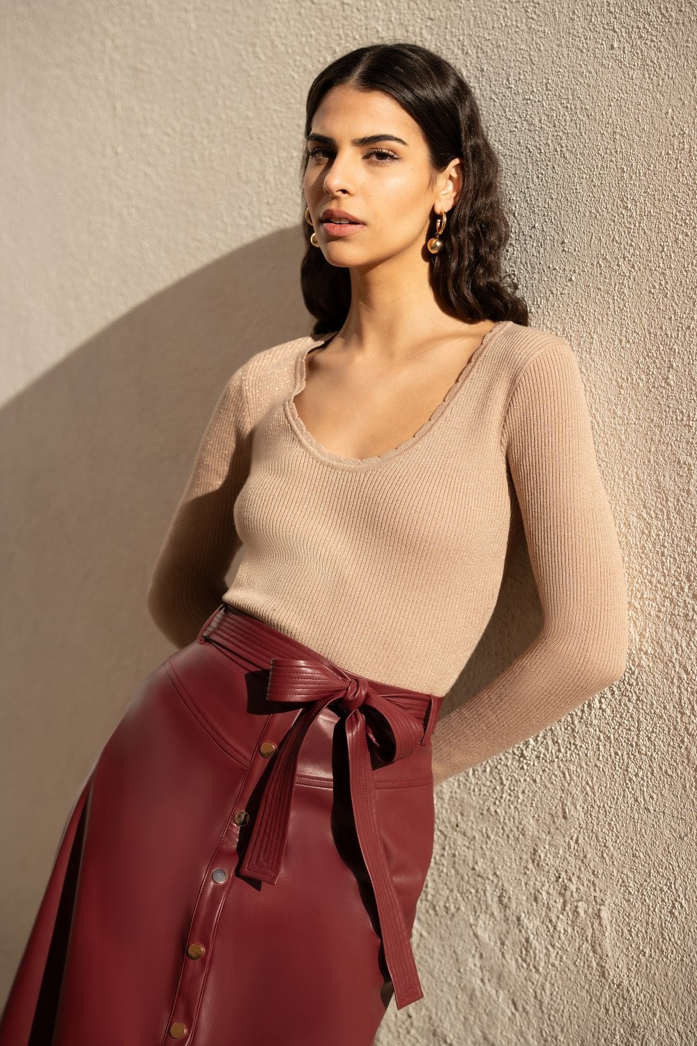 Yumi Gold Metallic Knitted Ribbed Top