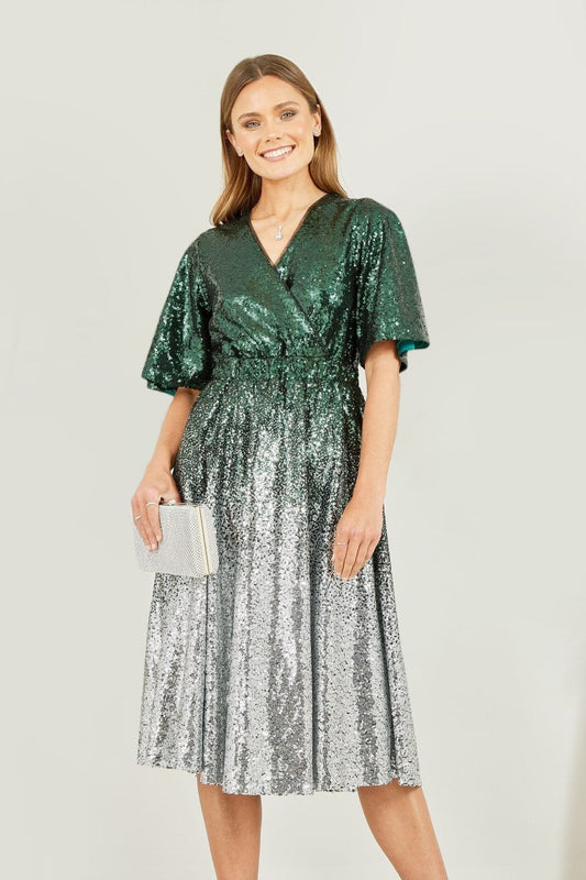 Yumi Green and Silver Ombre Sequin Midi Wrap Dress