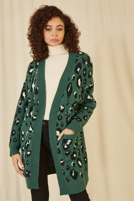 Yumi Green Animal Intarsia Long Cardigan