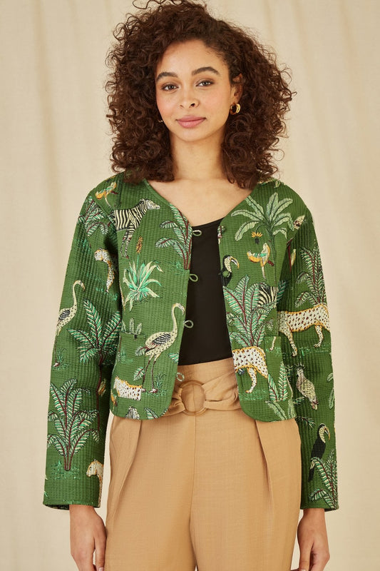 Yumi Green Animal Print Reversible Cotton Cropped Quilted Jacket