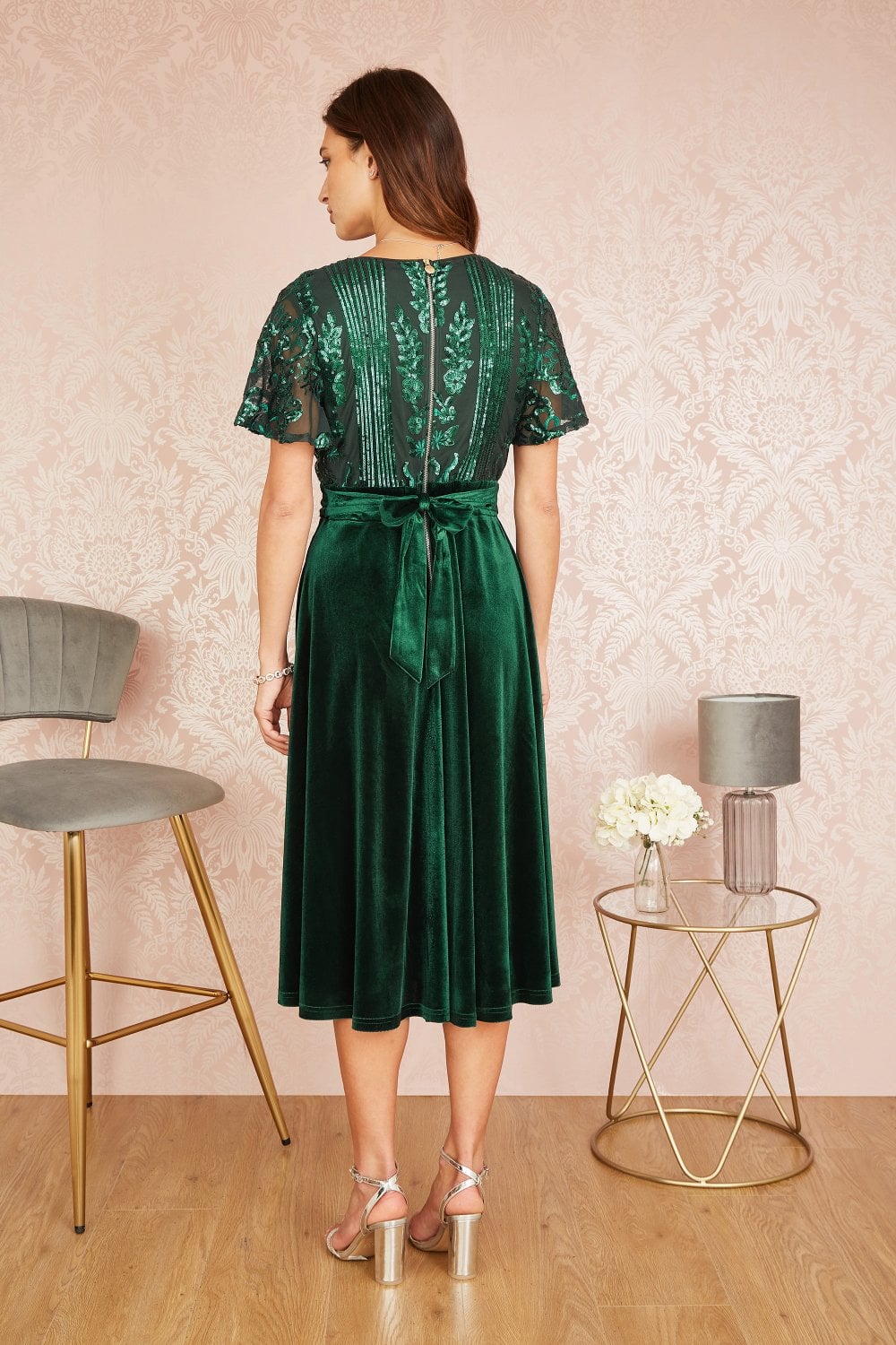 Yumi Green Embellished Velvet Wrap Skater Midi Dress