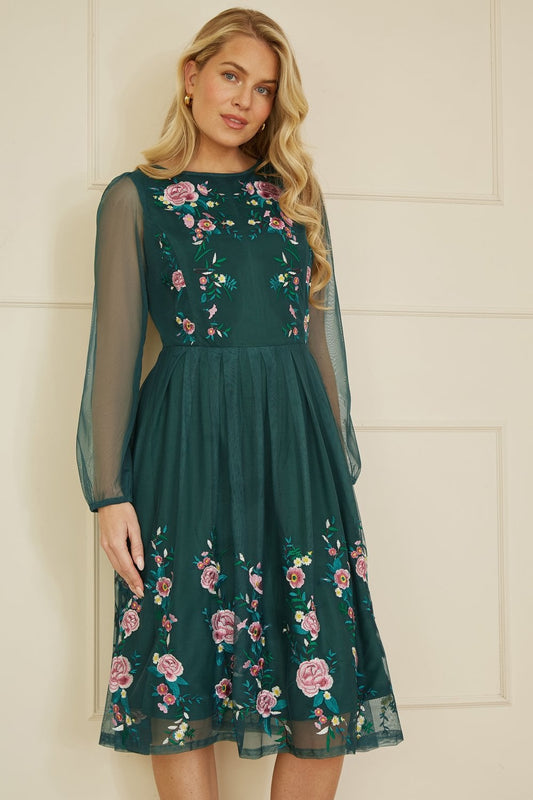 Yumi Green Embroidered Long Mesh Sleeve Prom Skater Dress