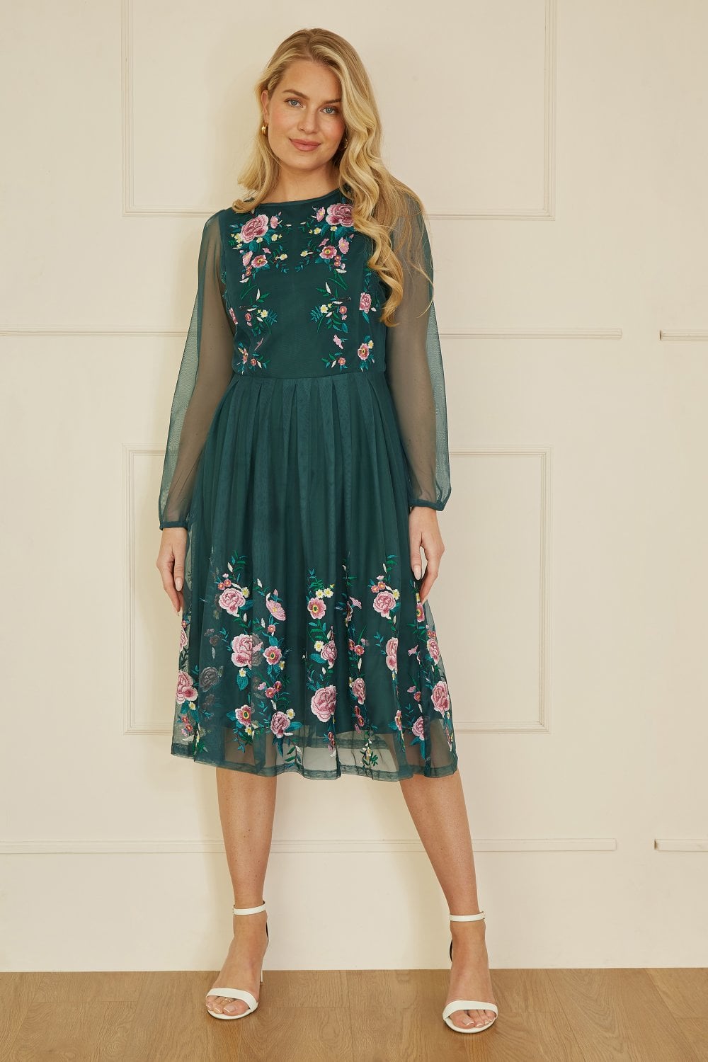 Yumi Green Embroidered Long Mesh Sleeve Prom Skater Dress