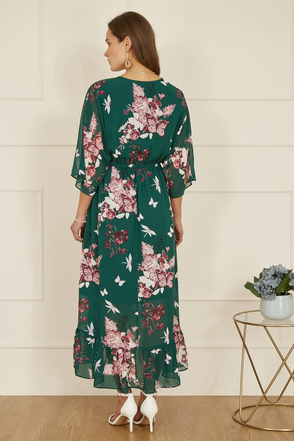 Yumi Green Floral Kimono Dipped Hem Dress