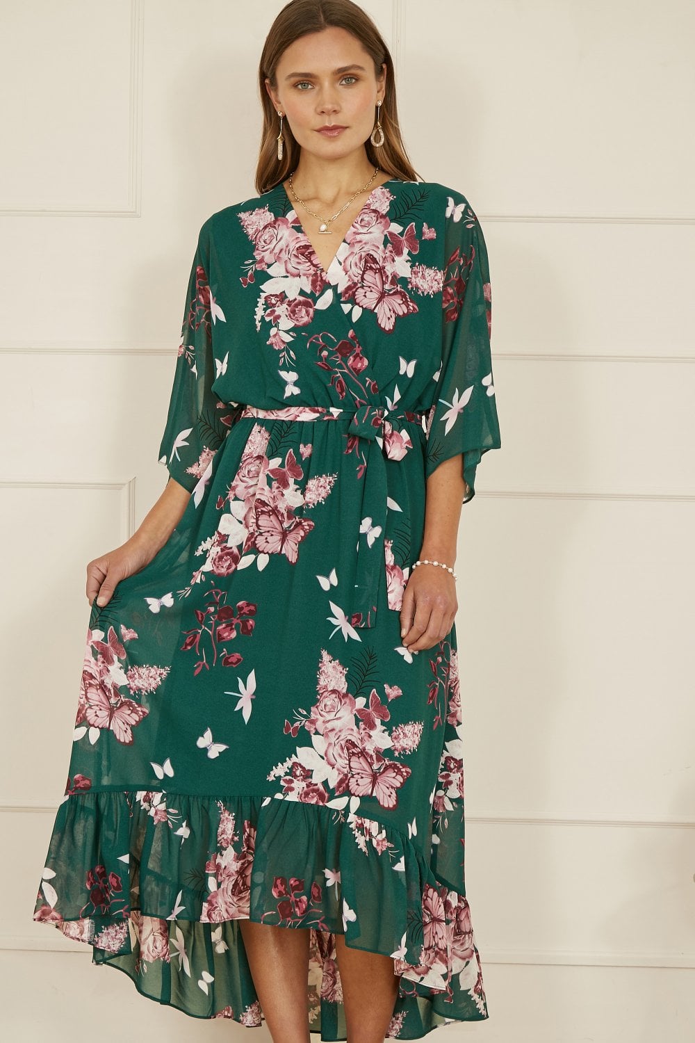 Yumi Green Floral Kimono Dipped Hem Dress