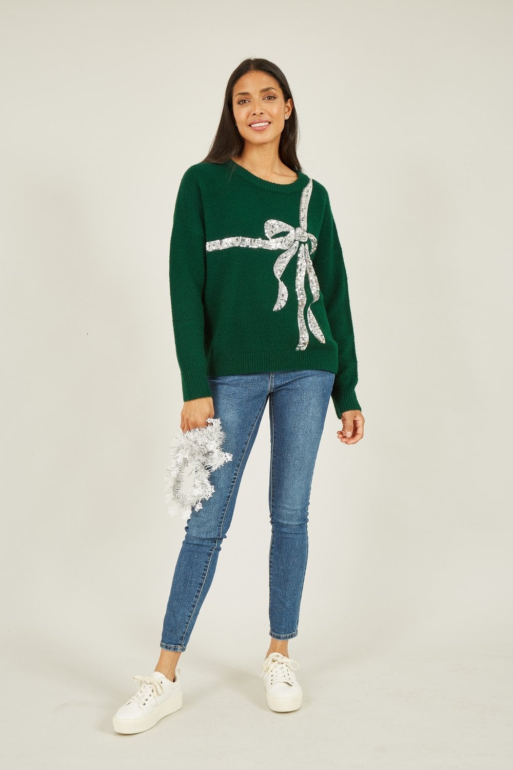 Yumi Green Sequin Bow Knitted Jumper