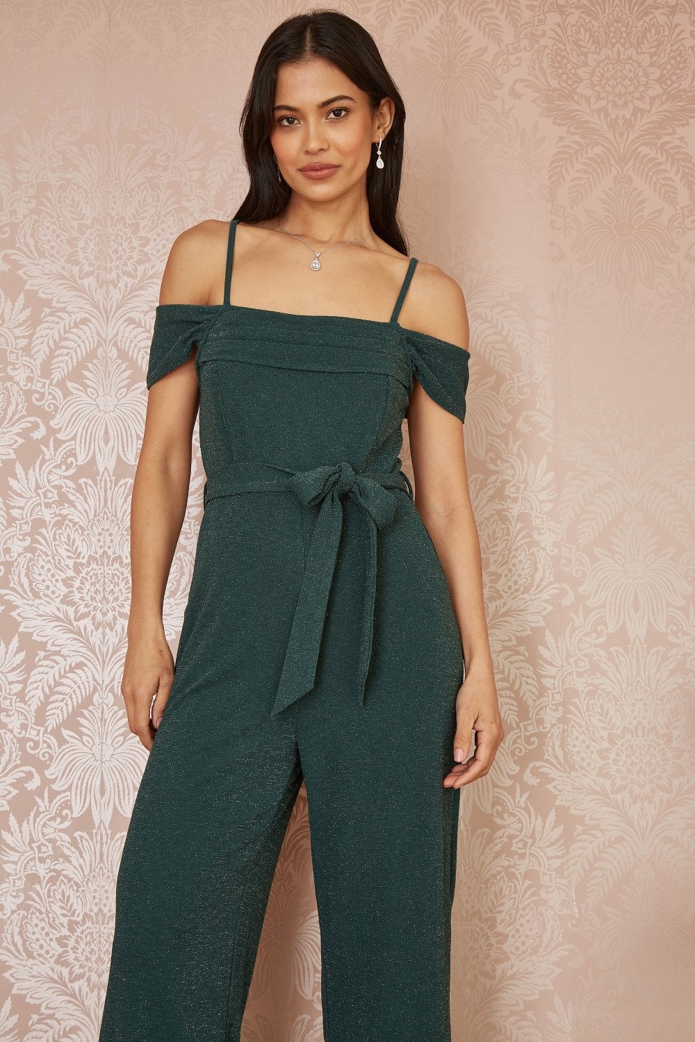 Yumi Green Sparkle Stretch Bardot Jumpsuit