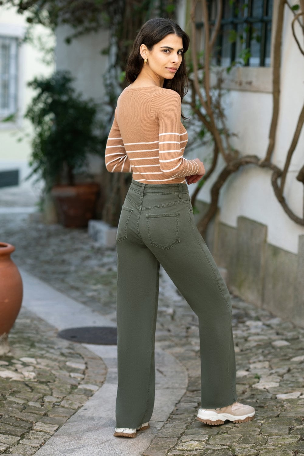 Yumi Green Stretch Canvas Wide Leg High Waist Jeans
