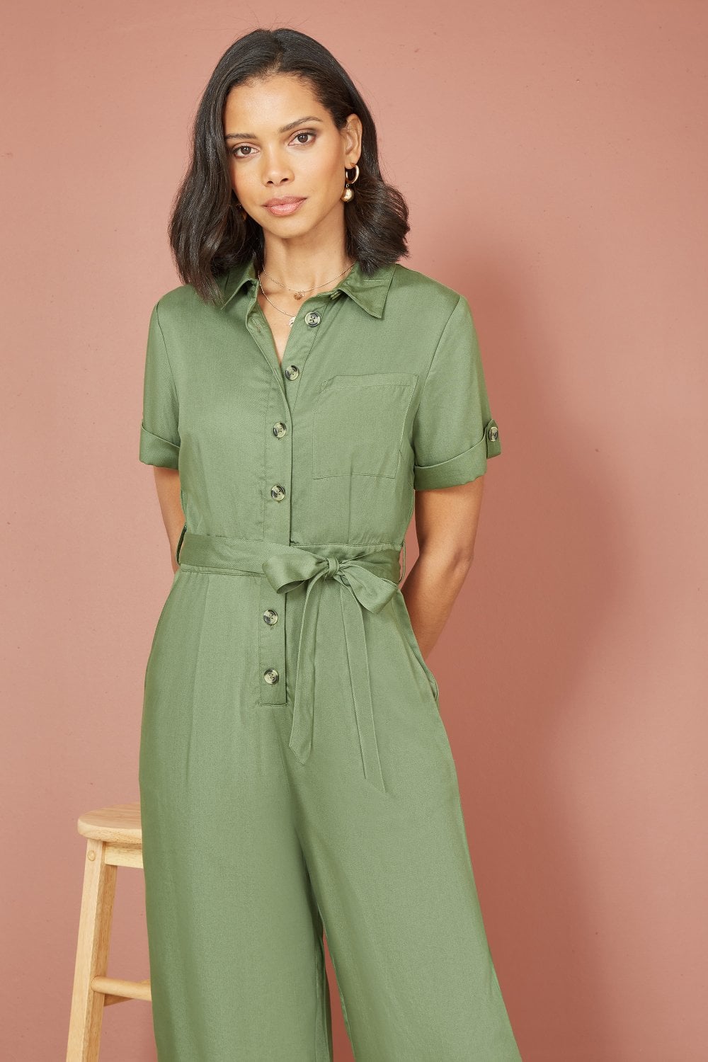 Yumi Green Twill Viscose Utility Jumpsuit