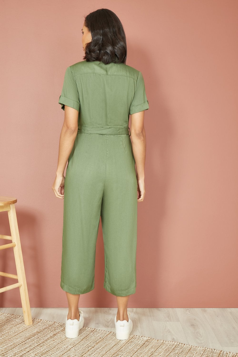Yumi Green Twill Viscose Utility Jumpsuit