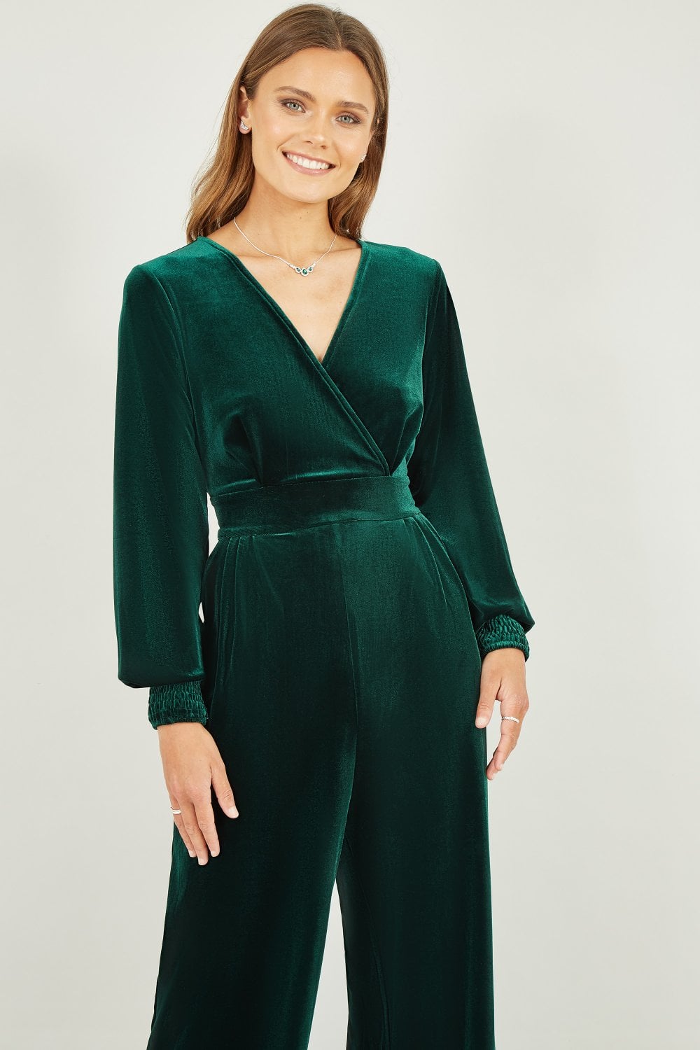 Yumi Green Velvet Long Sleeve Jumpsuit