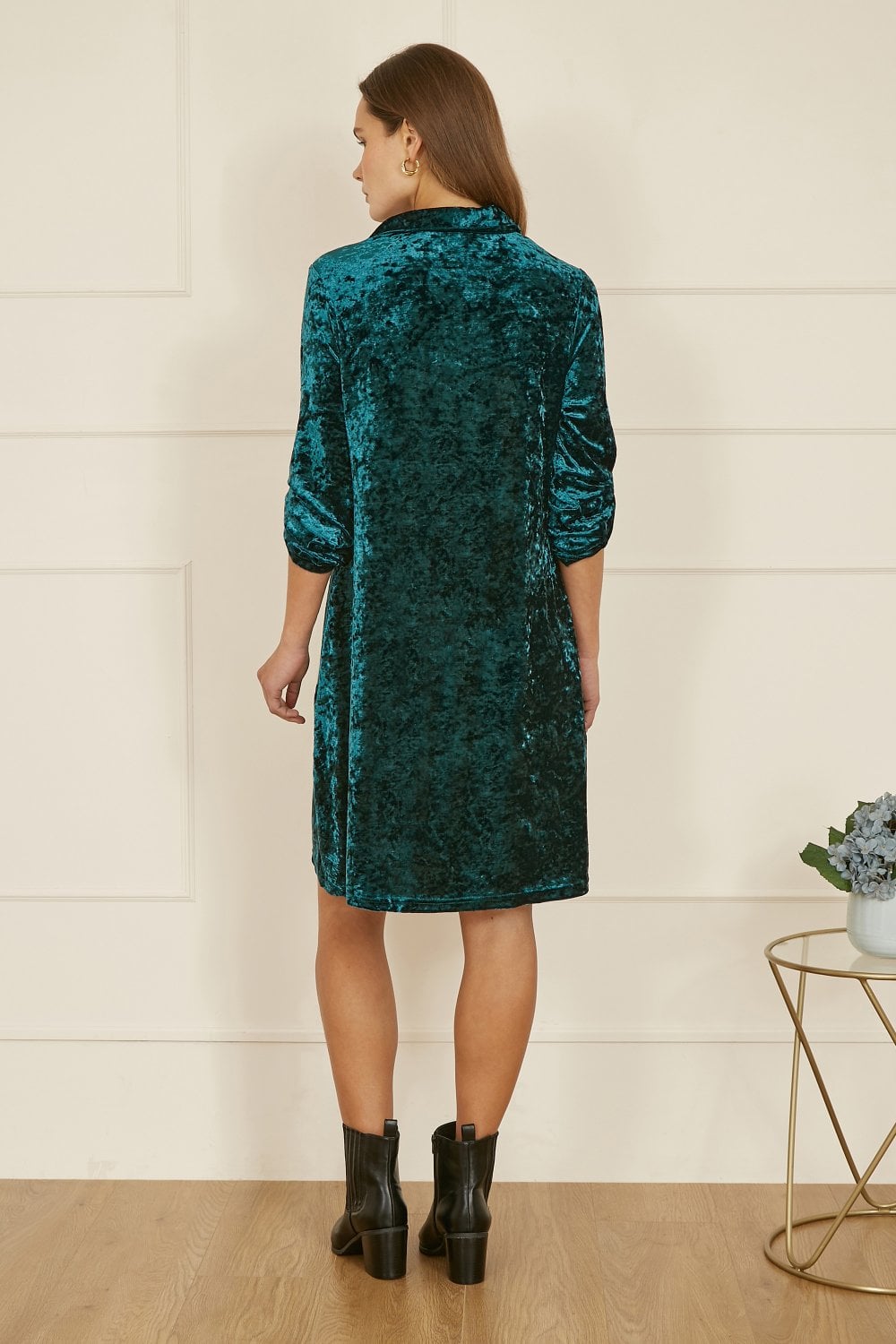 Yumi Green Velvet Tunic Dress With 3/4 Sleeves