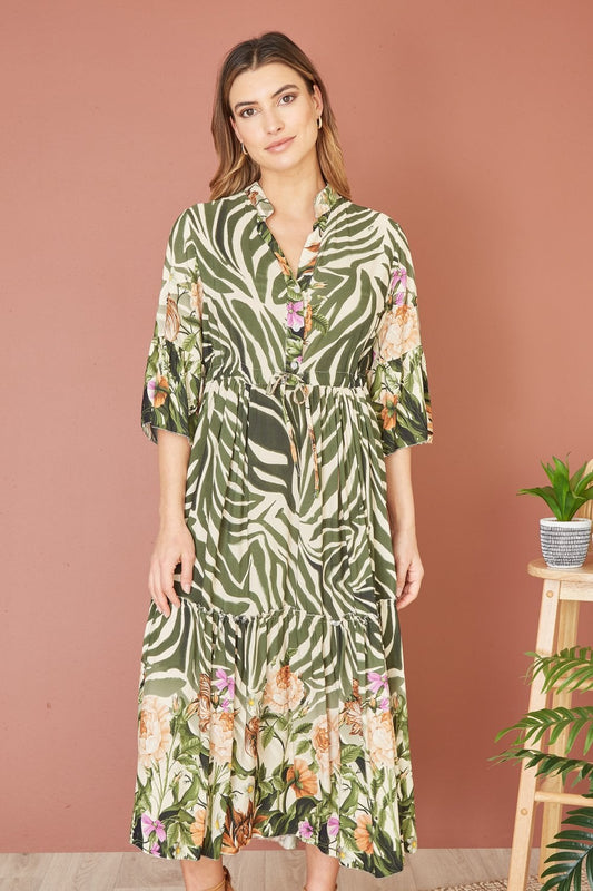 Yumi Green Viscose Zebra And Floral Print Midi Dress