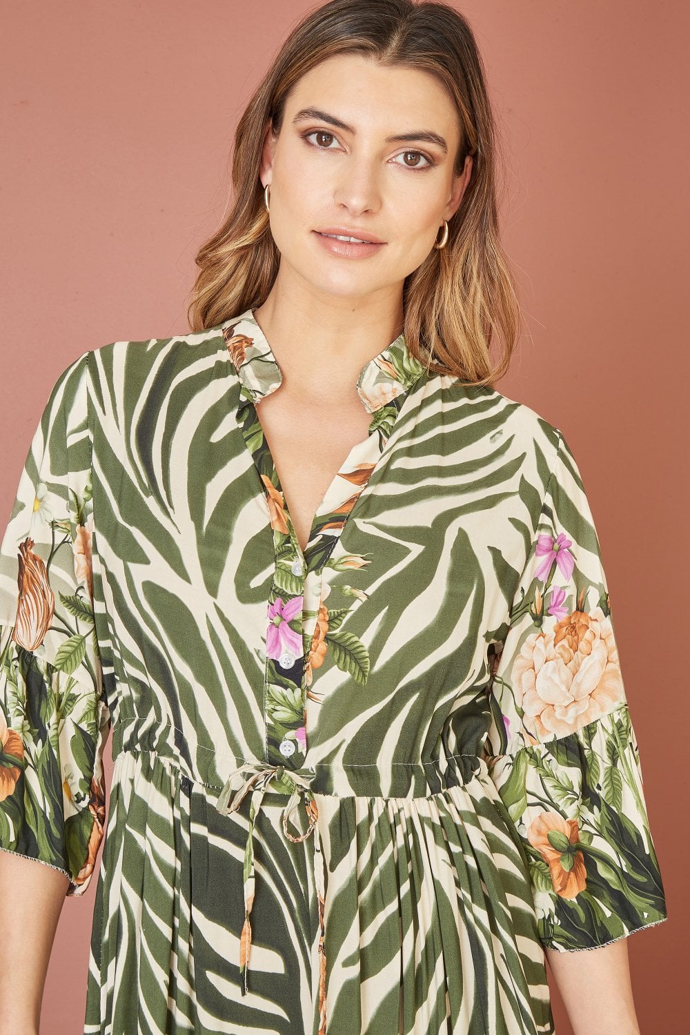 Yumi Green Viscose Zebra And Floral Print Midi Dress