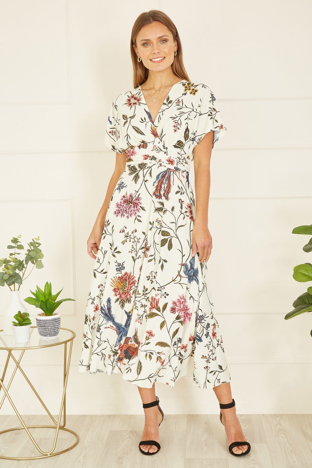 Yumi Ivory Bird and Floral Print Ruched Waist Kimono Midi Dress