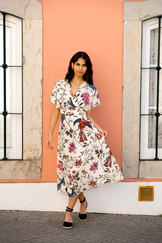 Yumi Ivory Bird and Floral Print Ruched Waist Kimono Midi Dress