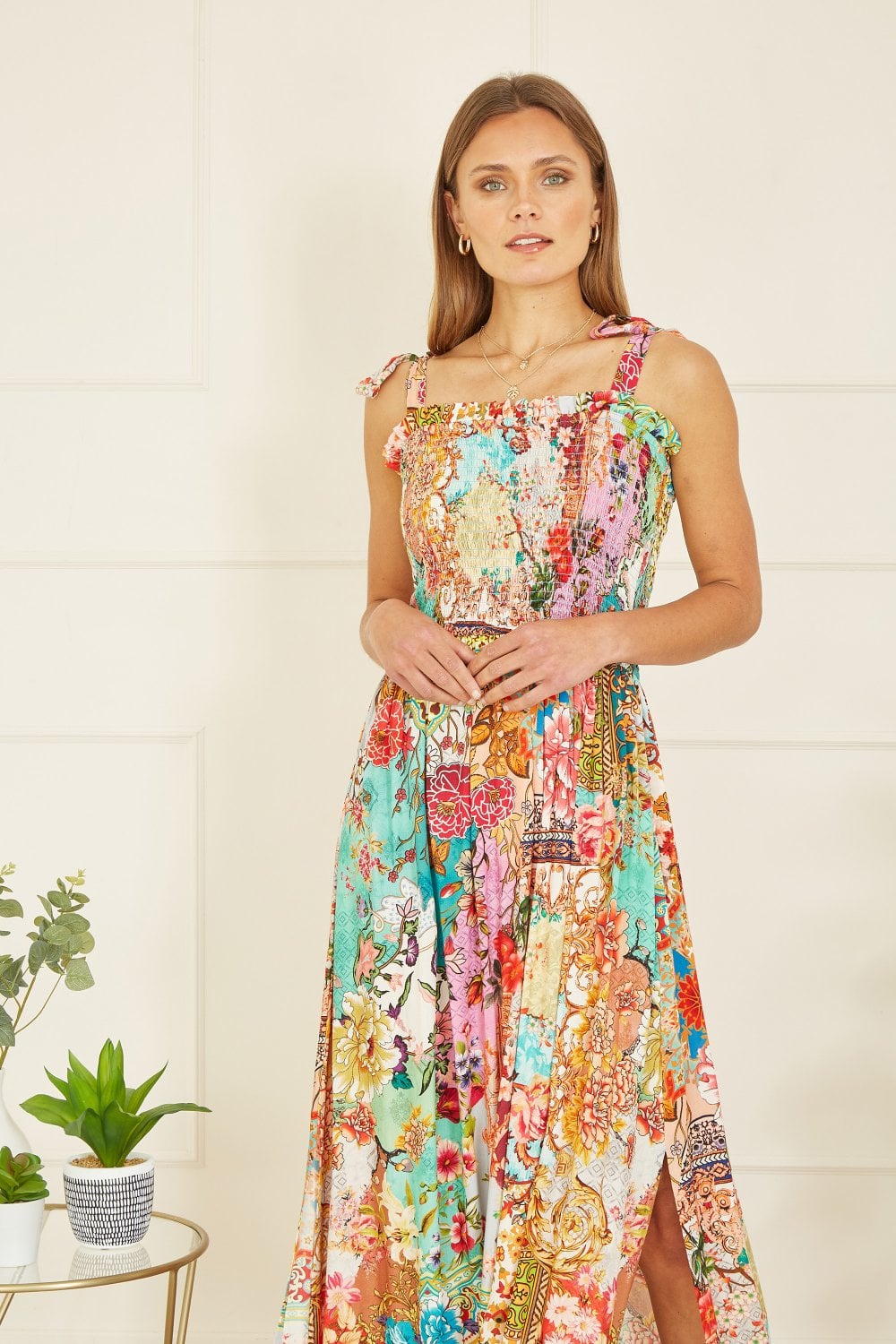 Yumi Multicolour Patchwork Split Hem Maxi Dress With Tie Straps