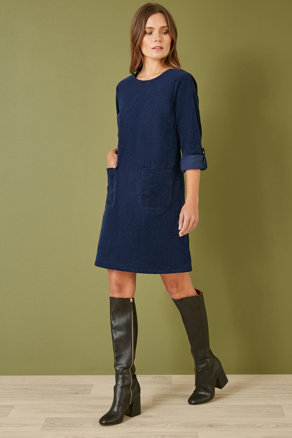 Yumi Navy Cord Tunic Dress With 3/4 Sleeves And Pockets