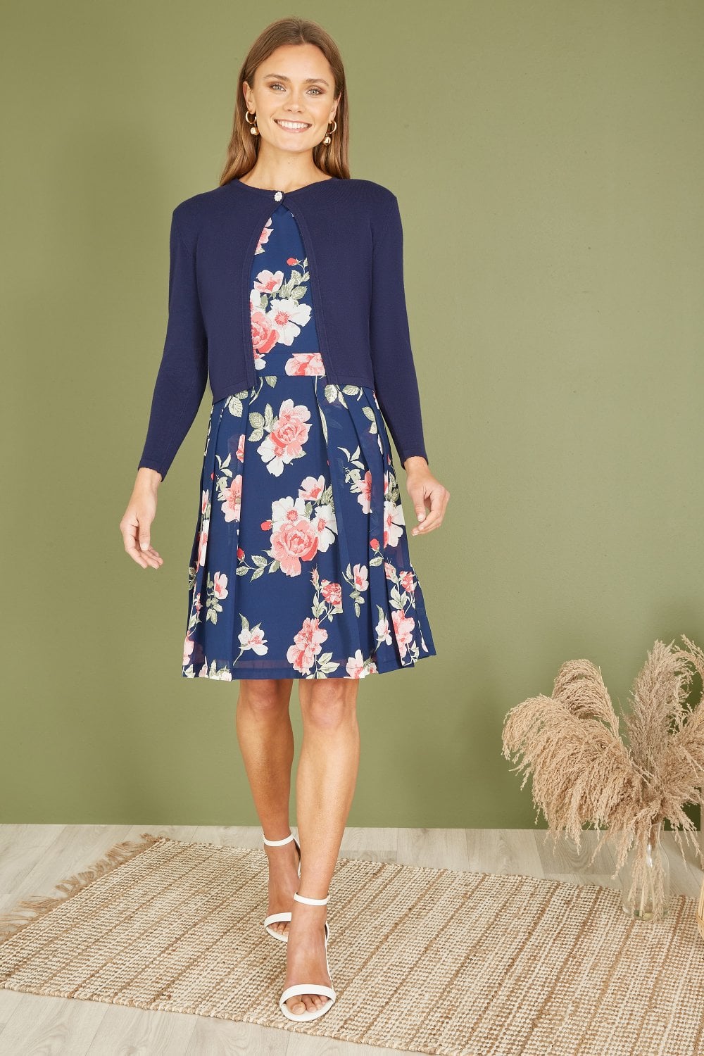 Yumi Navy Diamante Button Cropped Cardigan