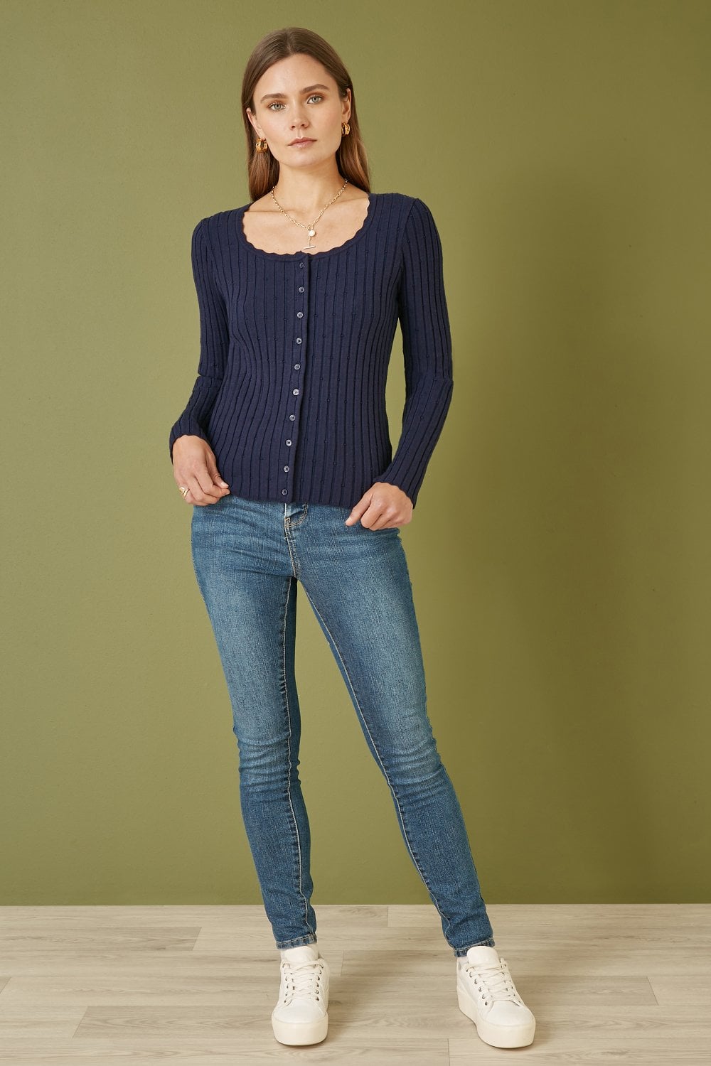 Yumi Navy Fitted Rib Button Up Cardigan