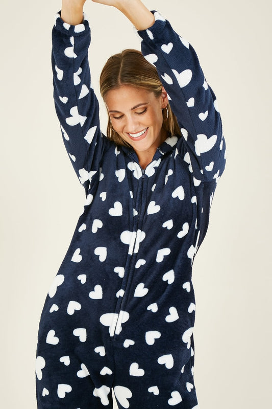 Yumi Navy Heart Super Soft Onesie With Pockets
