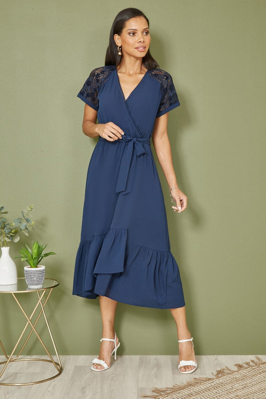 Yumi Navy Lace Sleeve Midi Wrap Over Dress